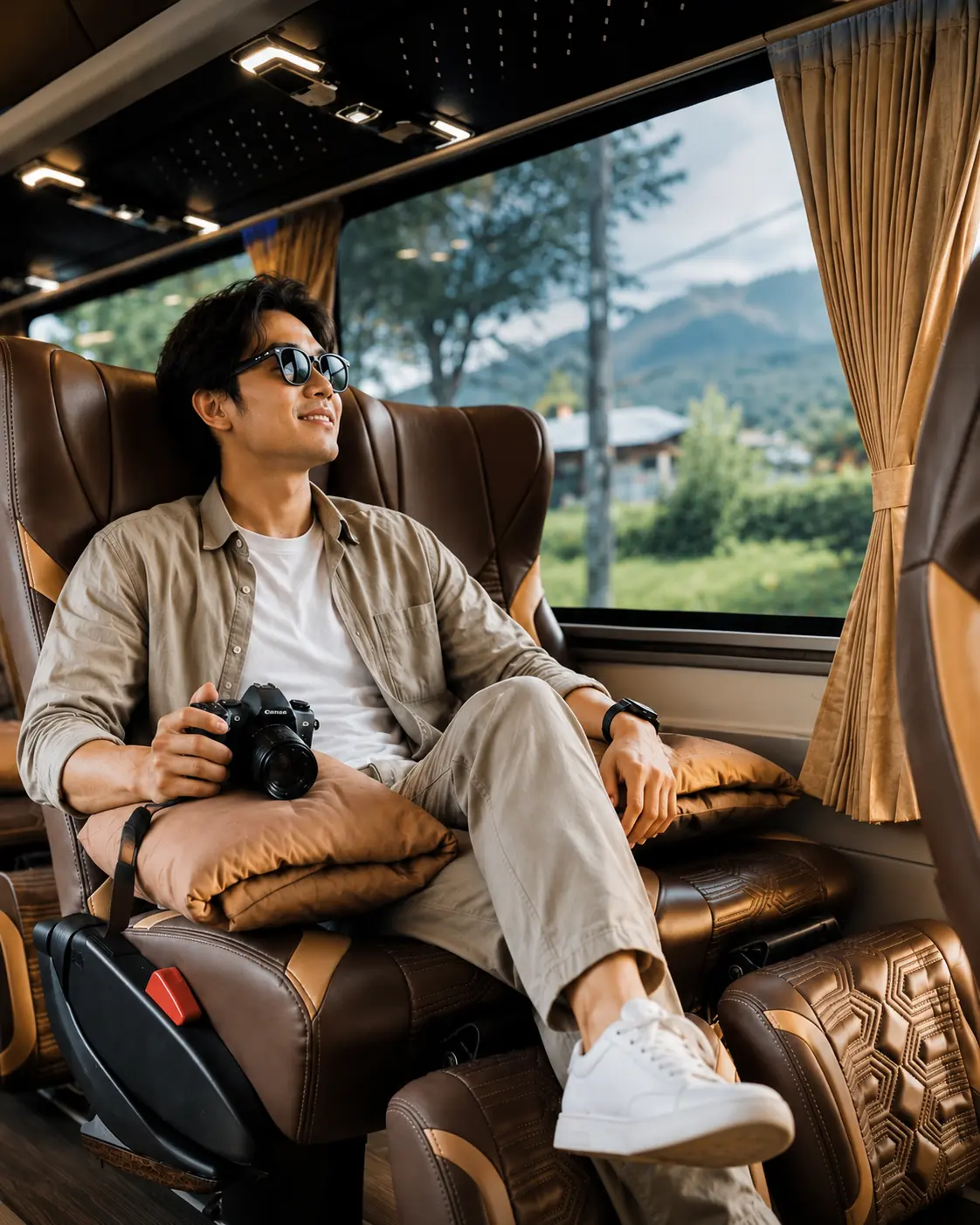 Interior kabin bus pariwisata premium Belvia Trans dengan kursi mewah dan hiburan multimedia